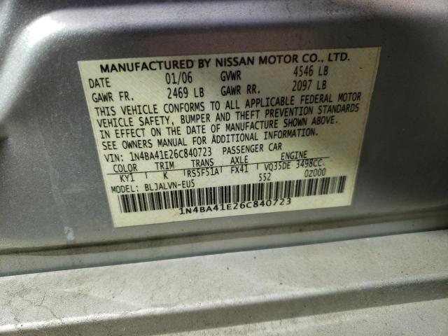 Photo 10 from auction – 2006 NISSAN MAXIMA SE with VIN 1N4BA41E26C840723