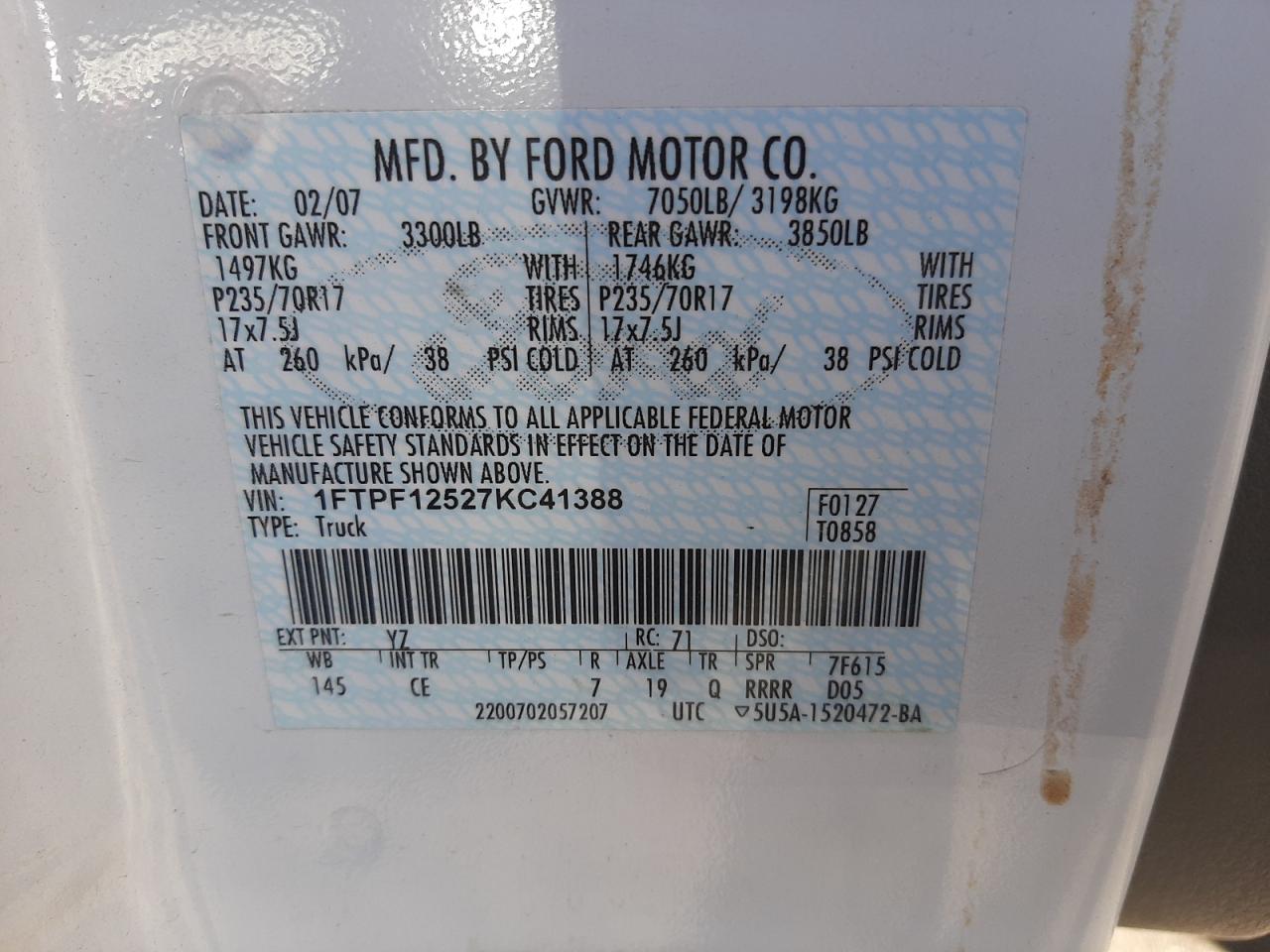 Photo 10 from auction – 2007 FORD F150 with VIN 1FTPF12527KC41388