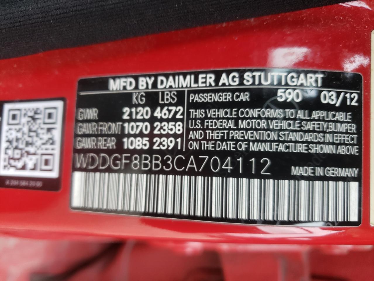 Photo 10 from auction – 2012 MERCEDES-BENZ C 300 4MAT with VIN WDDGF8BB3CA704112