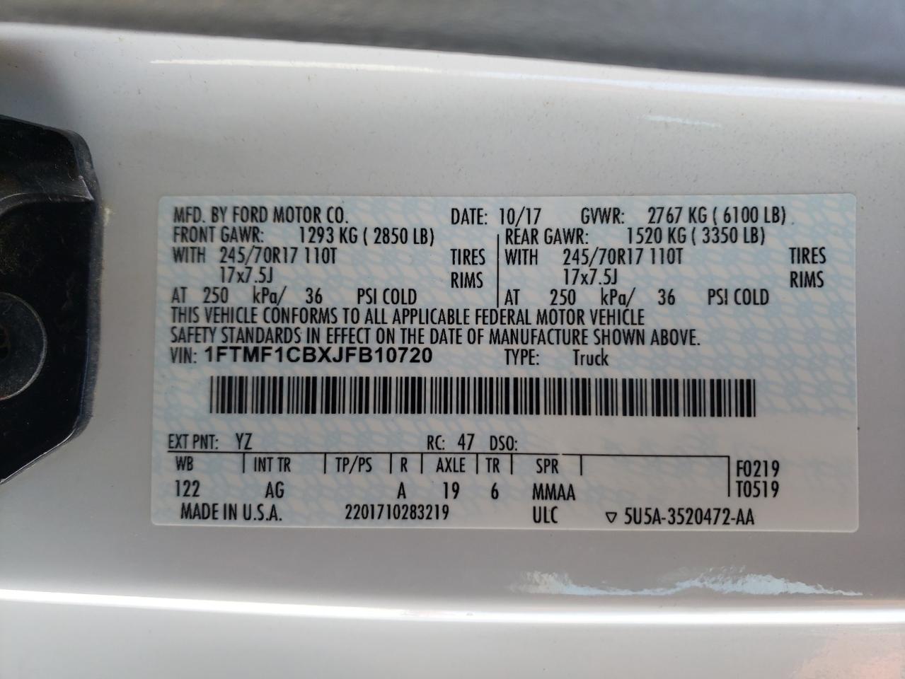Photo 10 from auction – 2018 FORD F150 with VIN 1FTMF1CBXJFB10720
