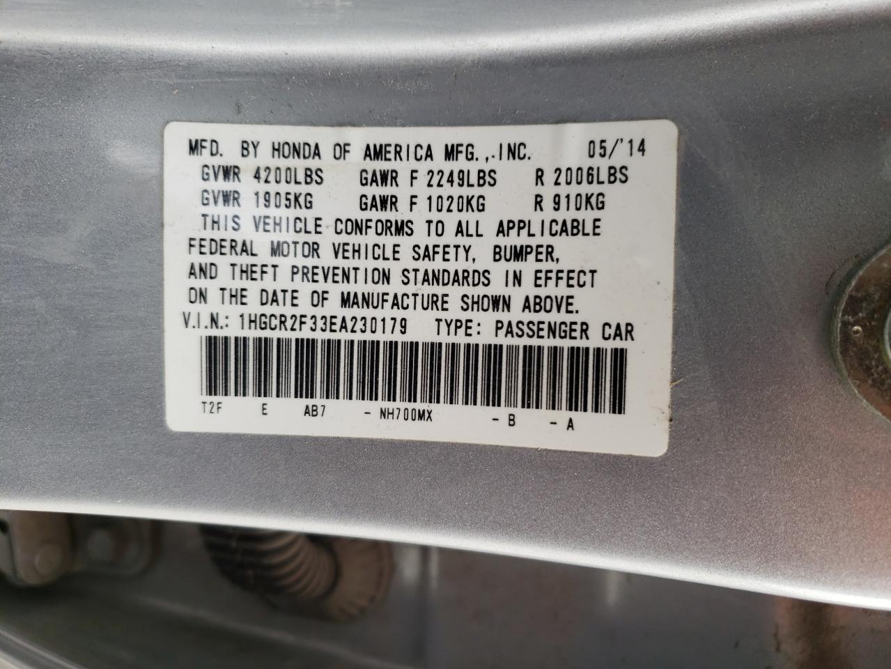 Photo 10 from auction – 2014 HONDA ACCORD LX with VIN 1HGCR2F33EA230179