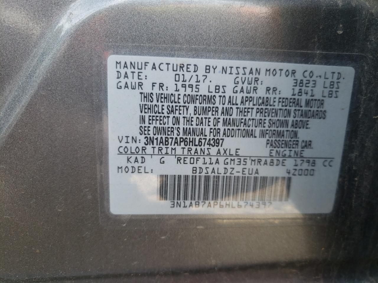 Photo 10 from auction – 2017 NISSAN SENTRA S with VIN 3N1AB7AP6HL674397