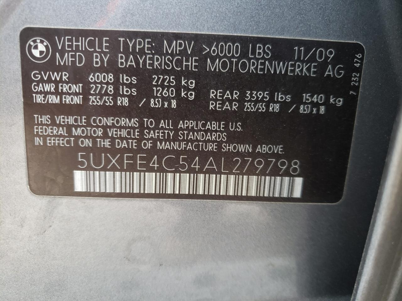 Photo 10 from auction – 2010 BMW X5 XDRIVE3 with VIN 5UXFE4C54AL279798