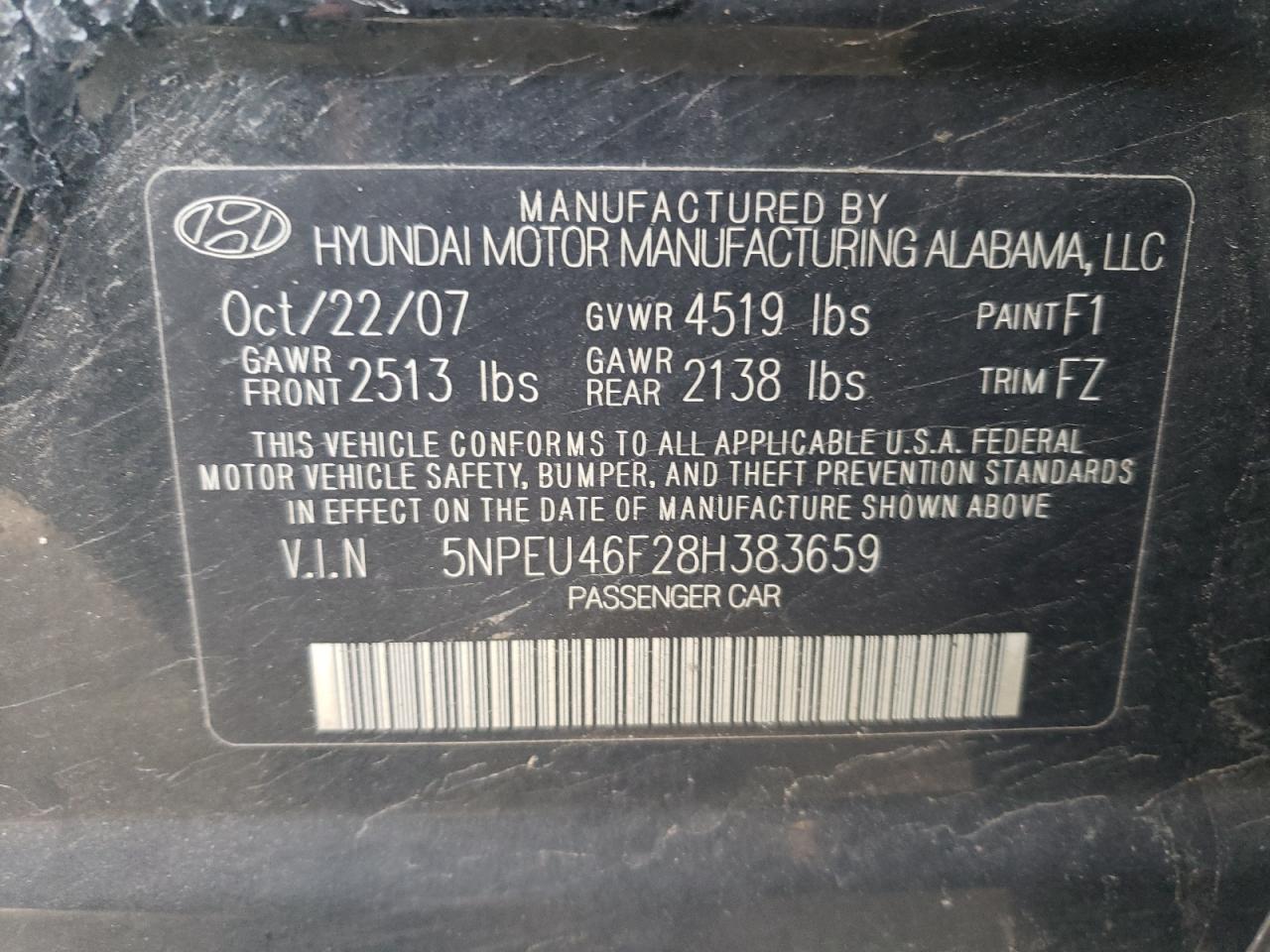 Photo 10 from auction – 2008 HYUNDAI SONATA SE with VIN 5NPEU46F28H383659