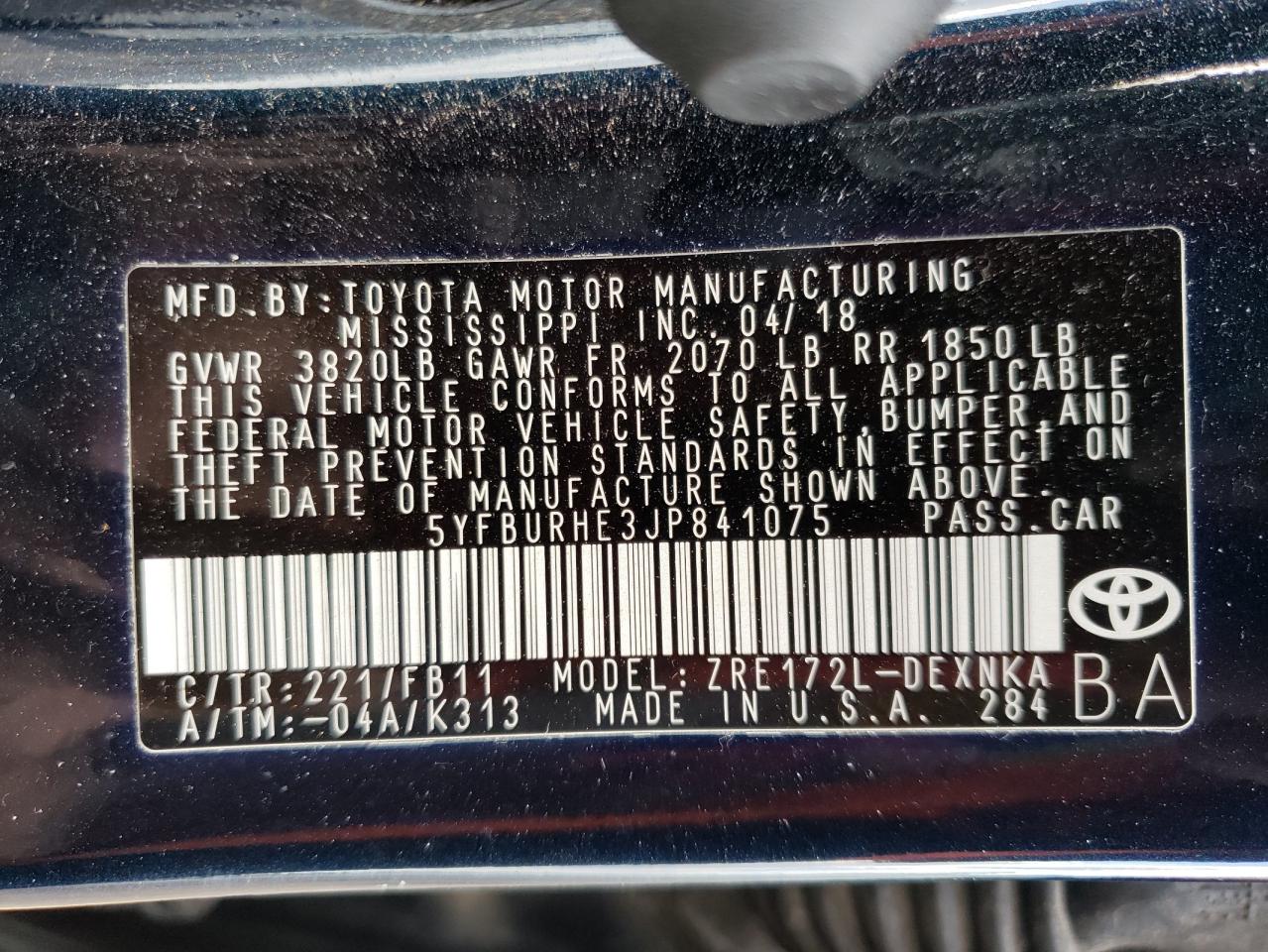 Photo 10 from auction – 2018 TOYOTA COROLLA with VIN 5YFBURHE3JP841075