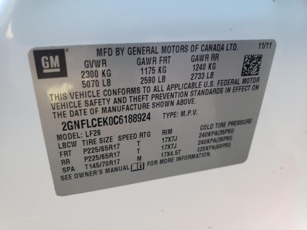 Photo 10 from auction – 2012 CHEVROLET EQUINOX LS with VIN 2GNFLCEK0C6188924