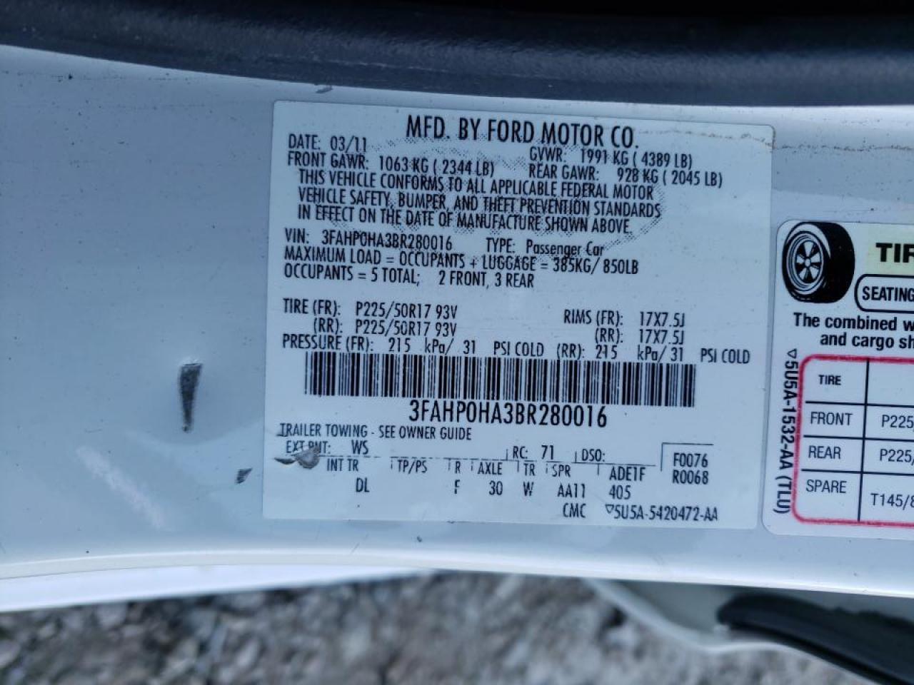 Photo 10 from auction – 2011 FORD FUSION SE with VIN 3FAHP0HA3BR280016