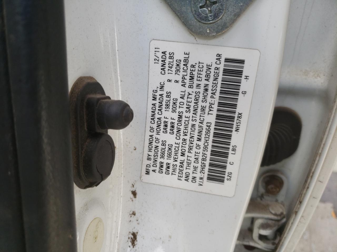 Photo 10 from auction – 2012 HONDA CIVIC LX with VIN 2HGFB2F59CH326643
