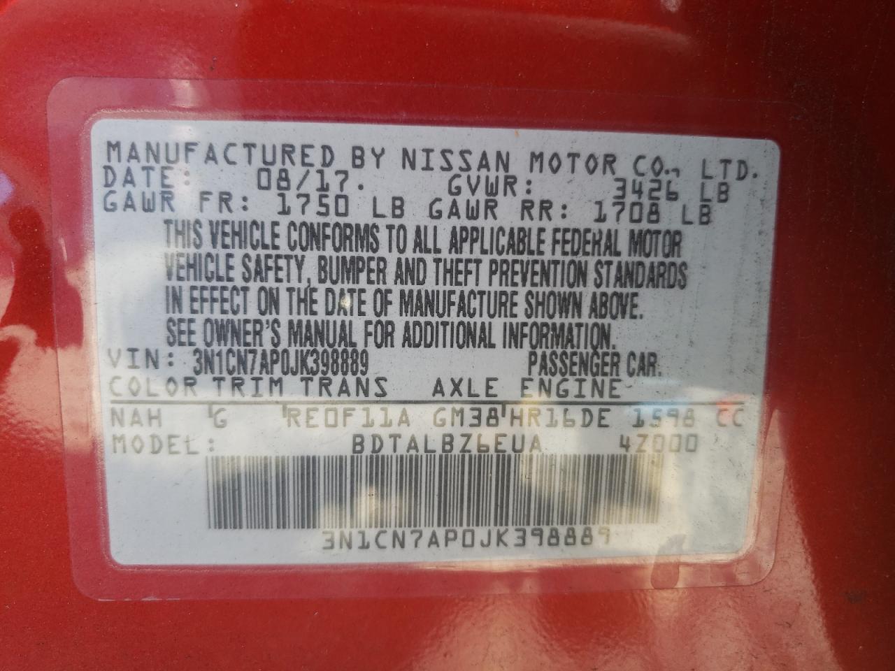 Photo 10 from auction – 2018 NISSAN VERSA S with VIN 3N1CN7AP0JK398889