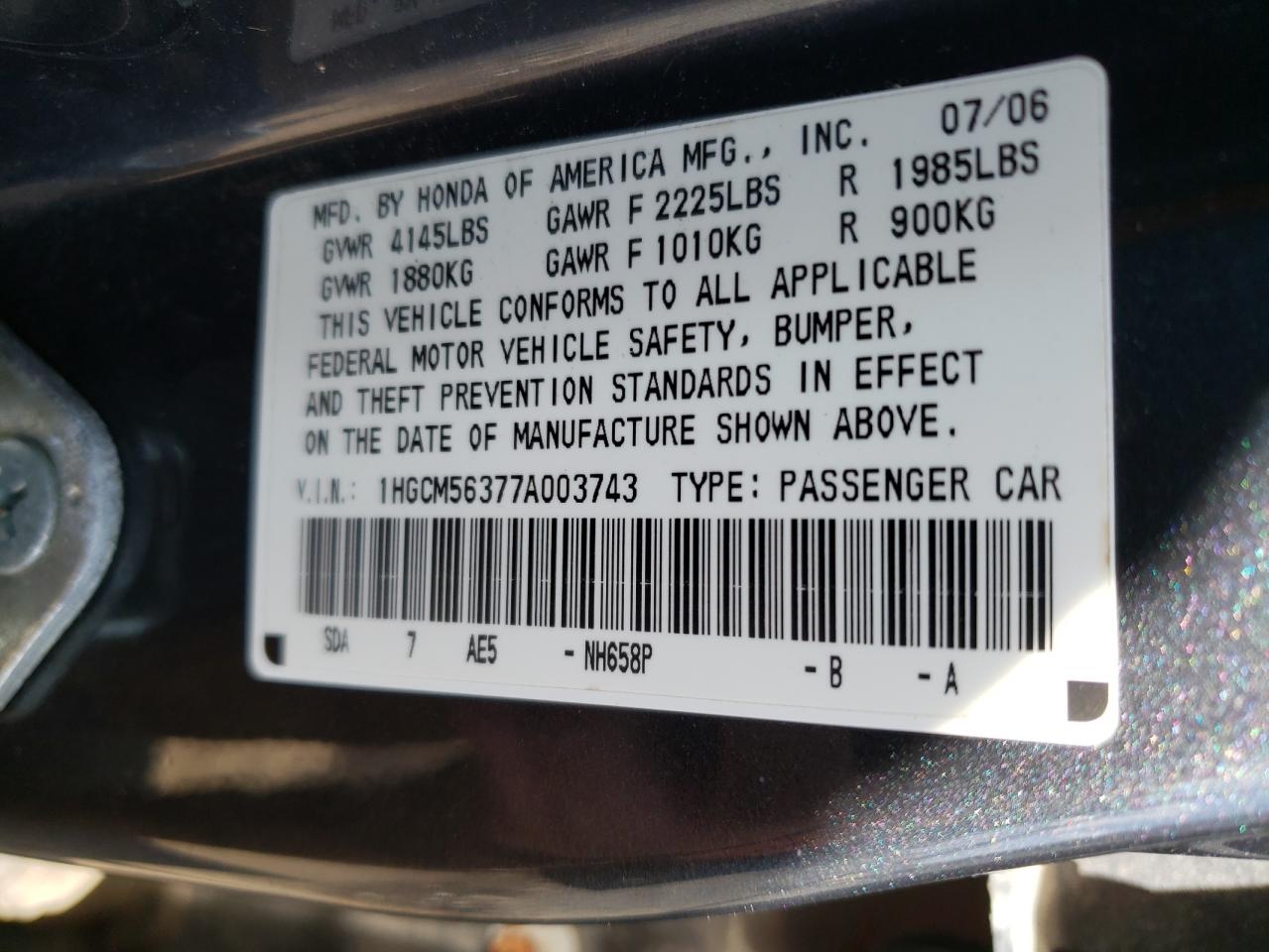 Photo 10 from auction – 2007 HONDA ACCORD with VIN 1HGCM56377A003743