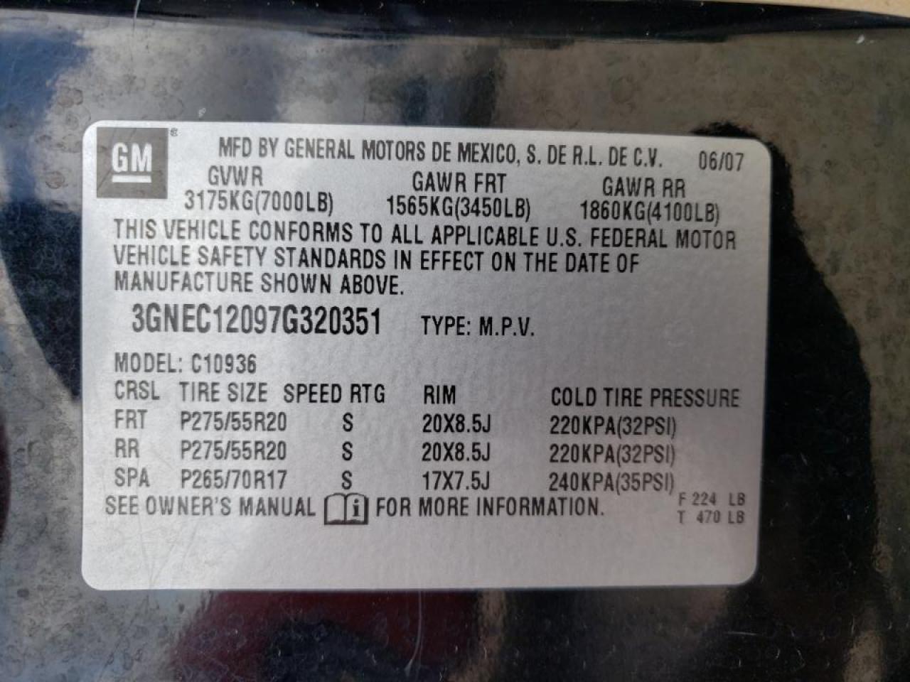 Photo 10 from auction – 2007 CHEVROLET AVALANCHE with VIN 3GNEC12097G320351