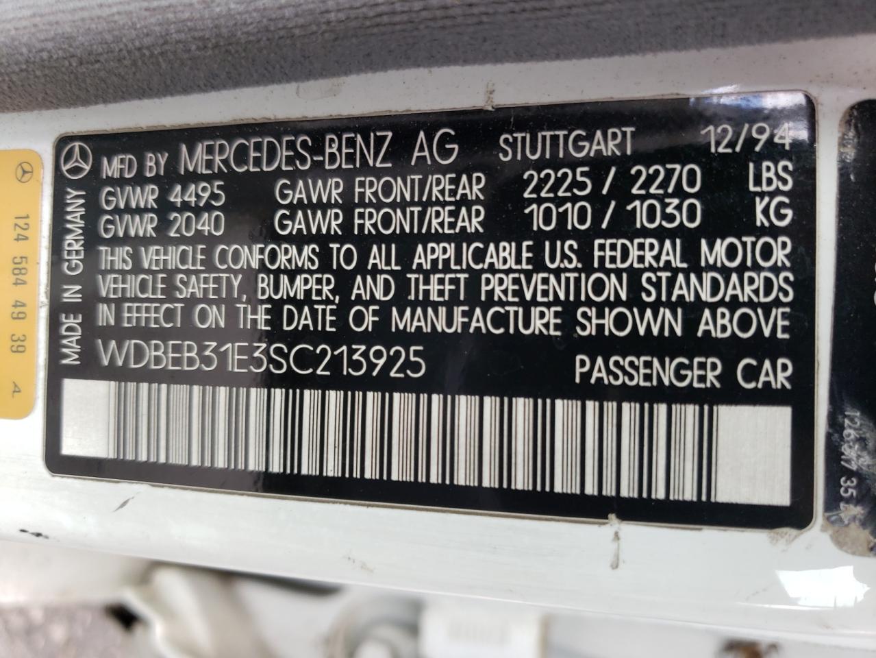 Photo 10 from auction – 1995 MERCEDES-BENZ E 300D with VIN WDBEB31E3SC213925