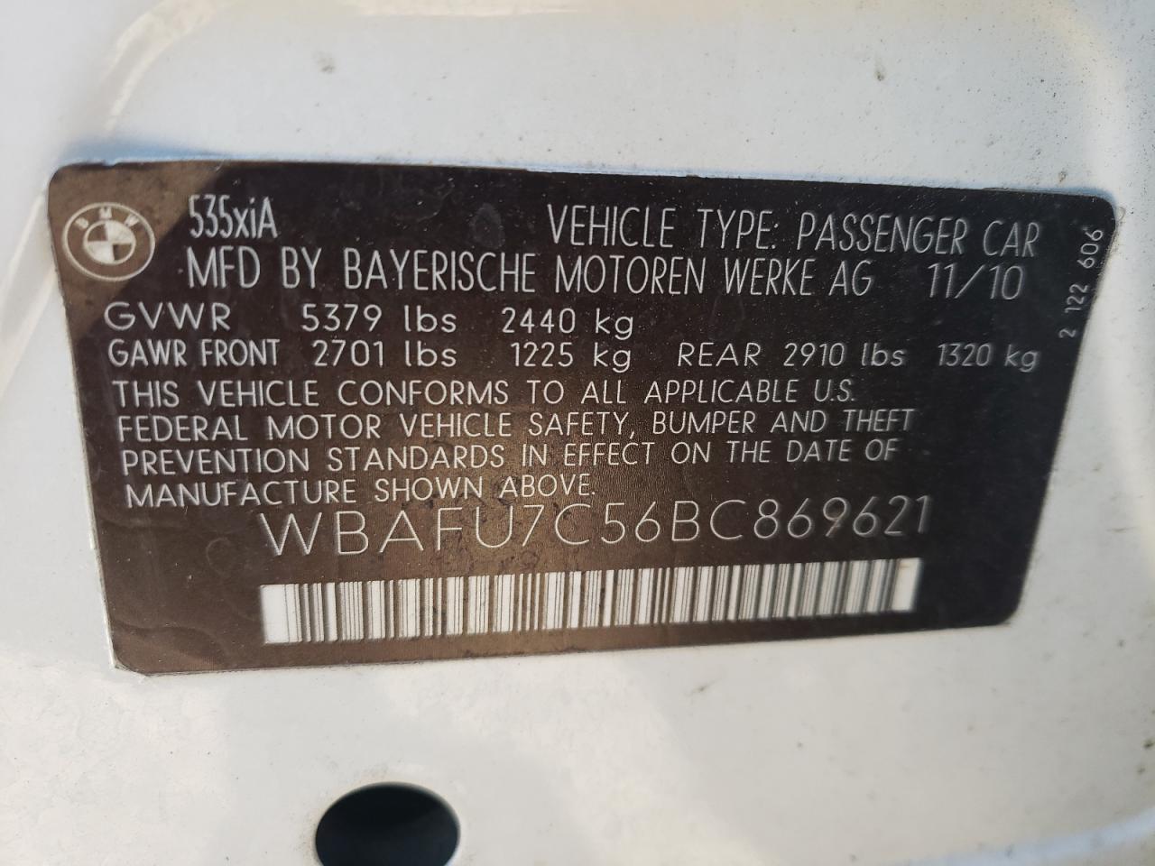 Photo 10 from auction – 2011 BMW 535 XI with VIN WBAFU7C56BC869621