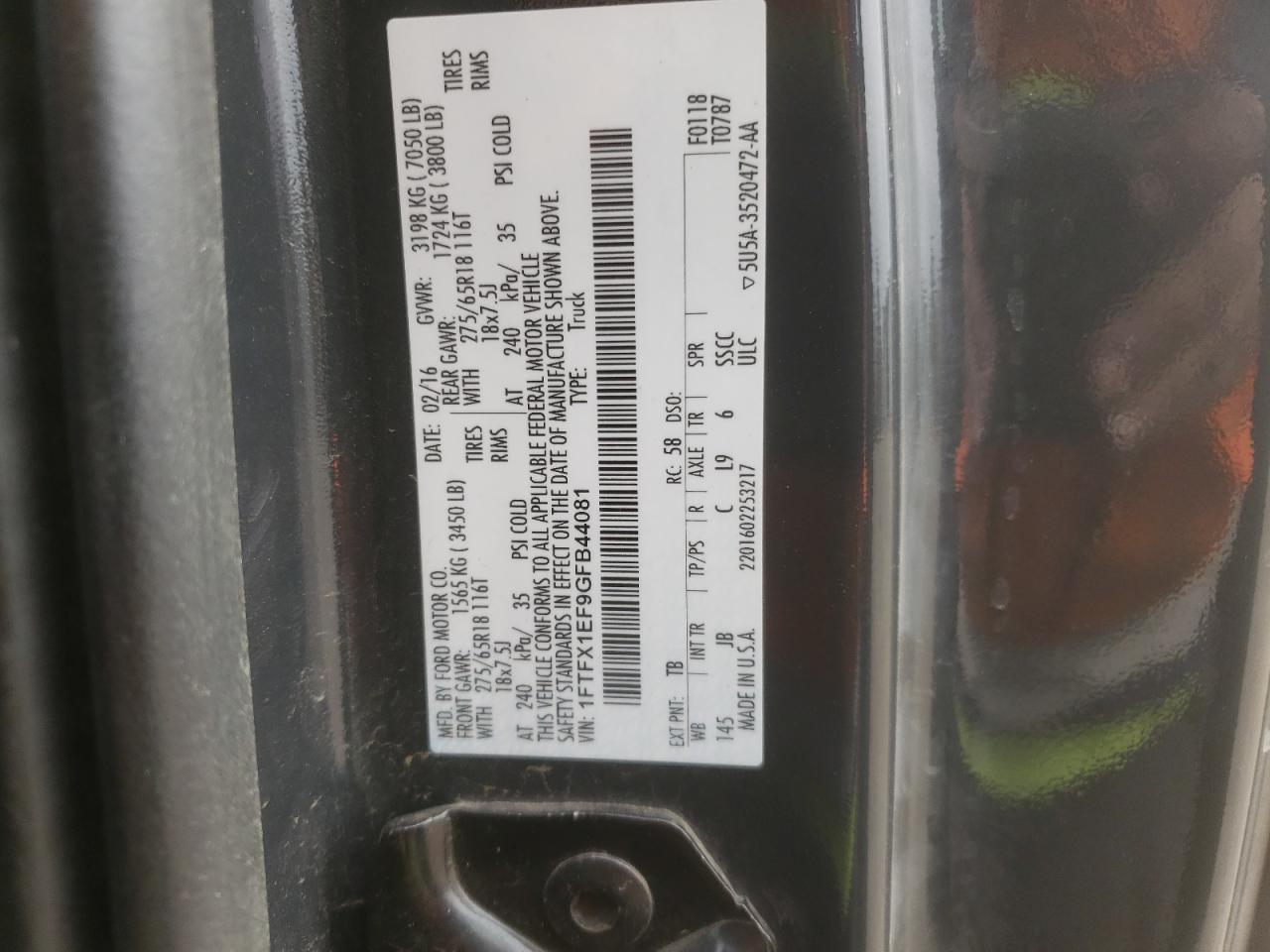 Photo 10 from auction – 2016 FORD F150 SUPER with VIN 1FTFX1EF9GFB44081