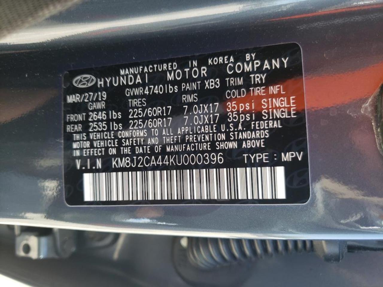 Photo 10 from auction – 2019 HYUNDAI TUCSON SE with VIN KM8J2CA44KU000396