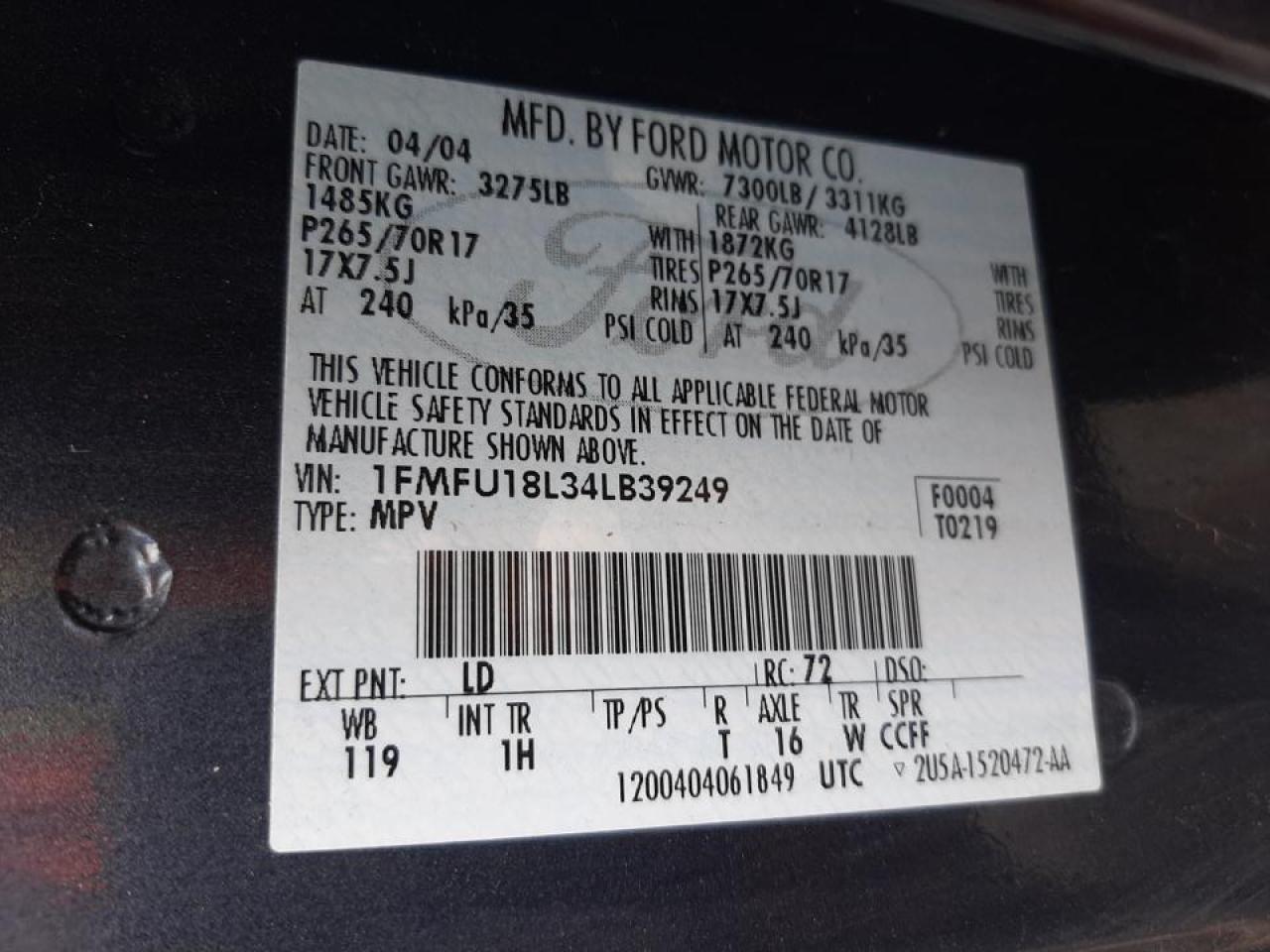 Photo 10 from auction – 2004 FORD EXPEDITION with VIN 1FMFU18L34LB39249