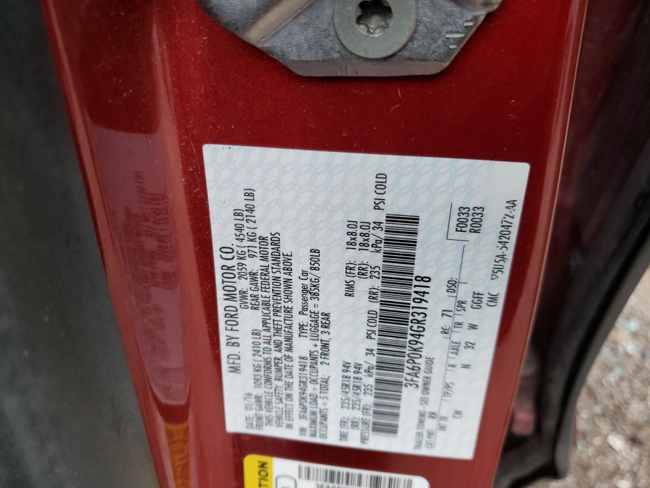 Photo 10 from auction – 2016 FORD FUSION TIT with VIN 3FA6P0K94GR319418