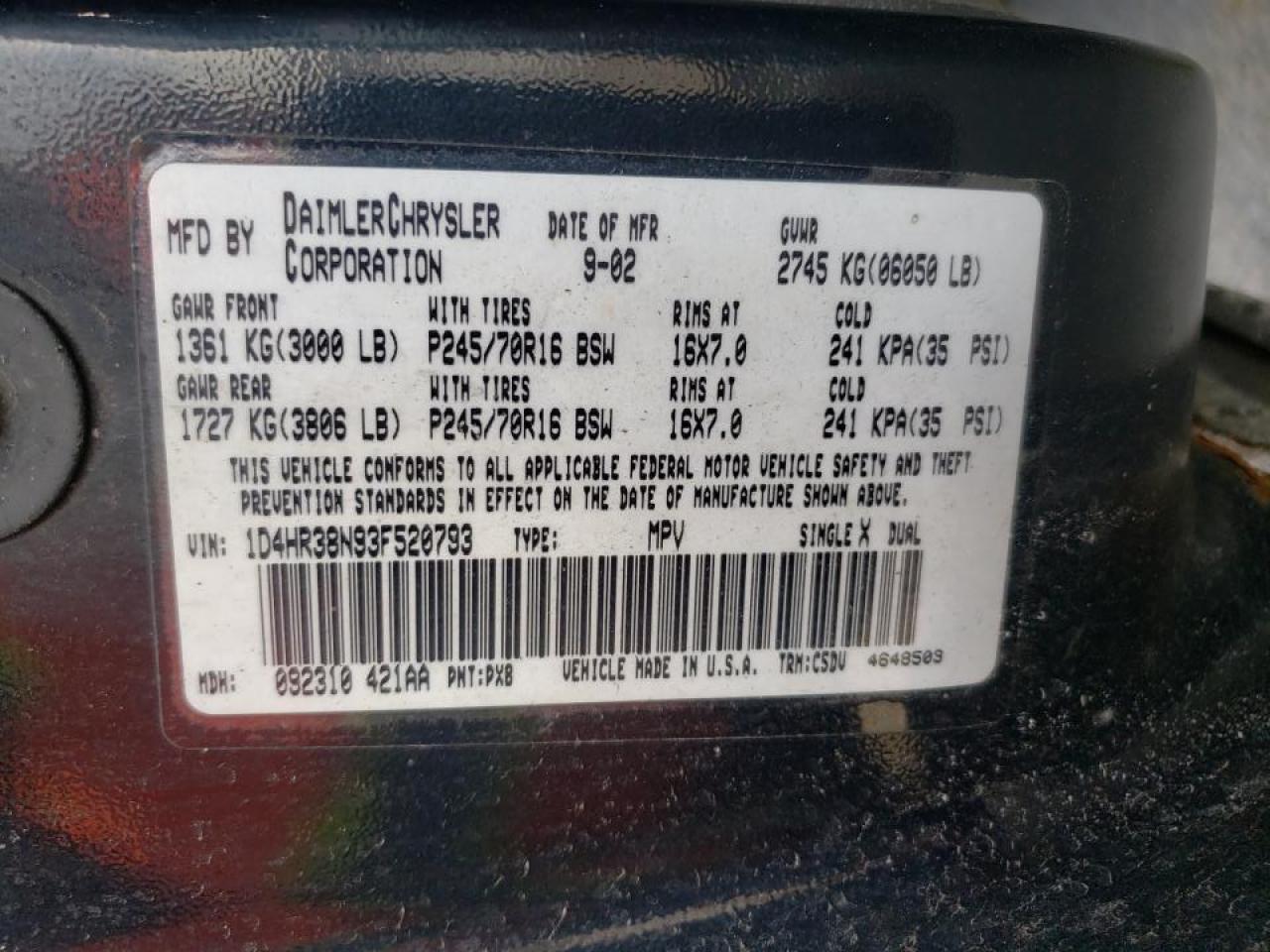 Photo 10 from auction – 2003 DODGE DURANGO SP with VIN 1D4HR38N93F520793