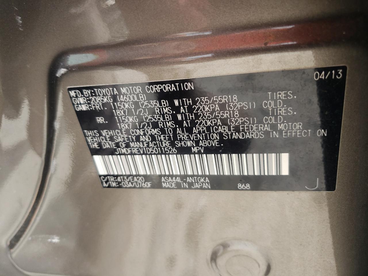Photo 10 from auction – 2013 TOYOTA RAV4 LIMIT with VIN JTMDFREV1D5011526