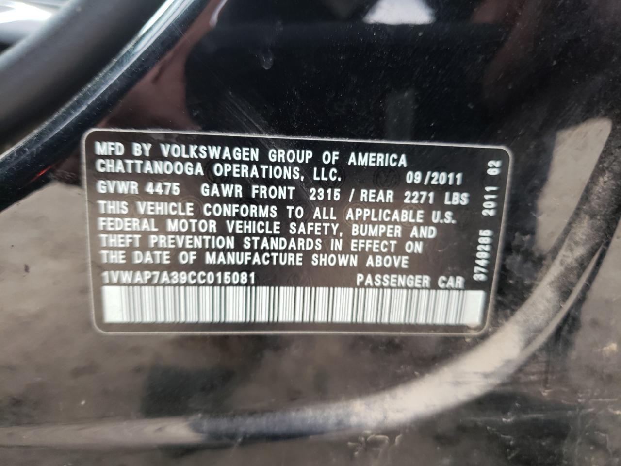 Photo 10 from auction – 2012 VOLKSWAGEN PASSAT S with VIN 1VWAP7A39CC015081