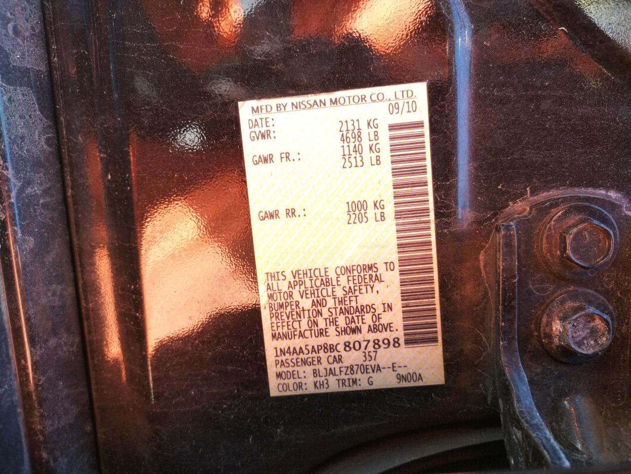 Photo 10 from auction – 2011 NISSAN MAXIMA S with VIN 1N4AA5AP8BC807898