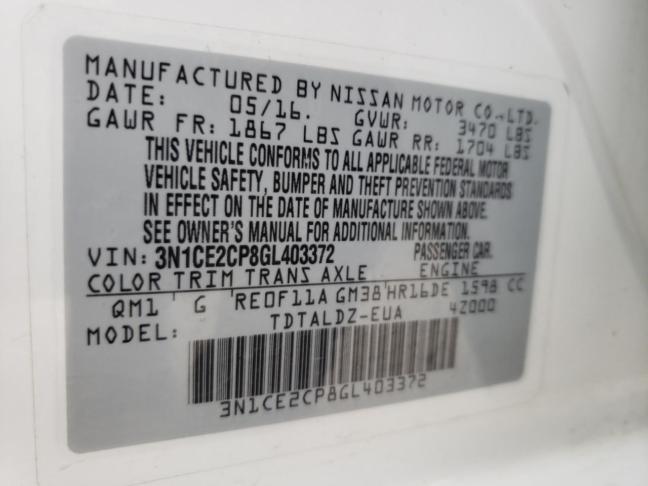 Photo 10 from auction – 2016 NISSAN VERSA NOTE with VIN 3N1CE2CP8GL403372