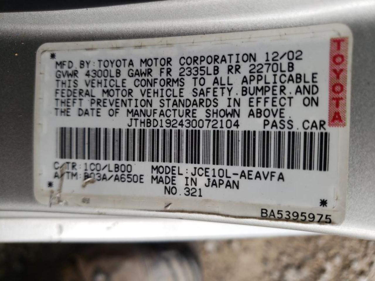 Photo 10 from auction – 2003 LEXUS IS 300 with VIN JTHBD192430072104