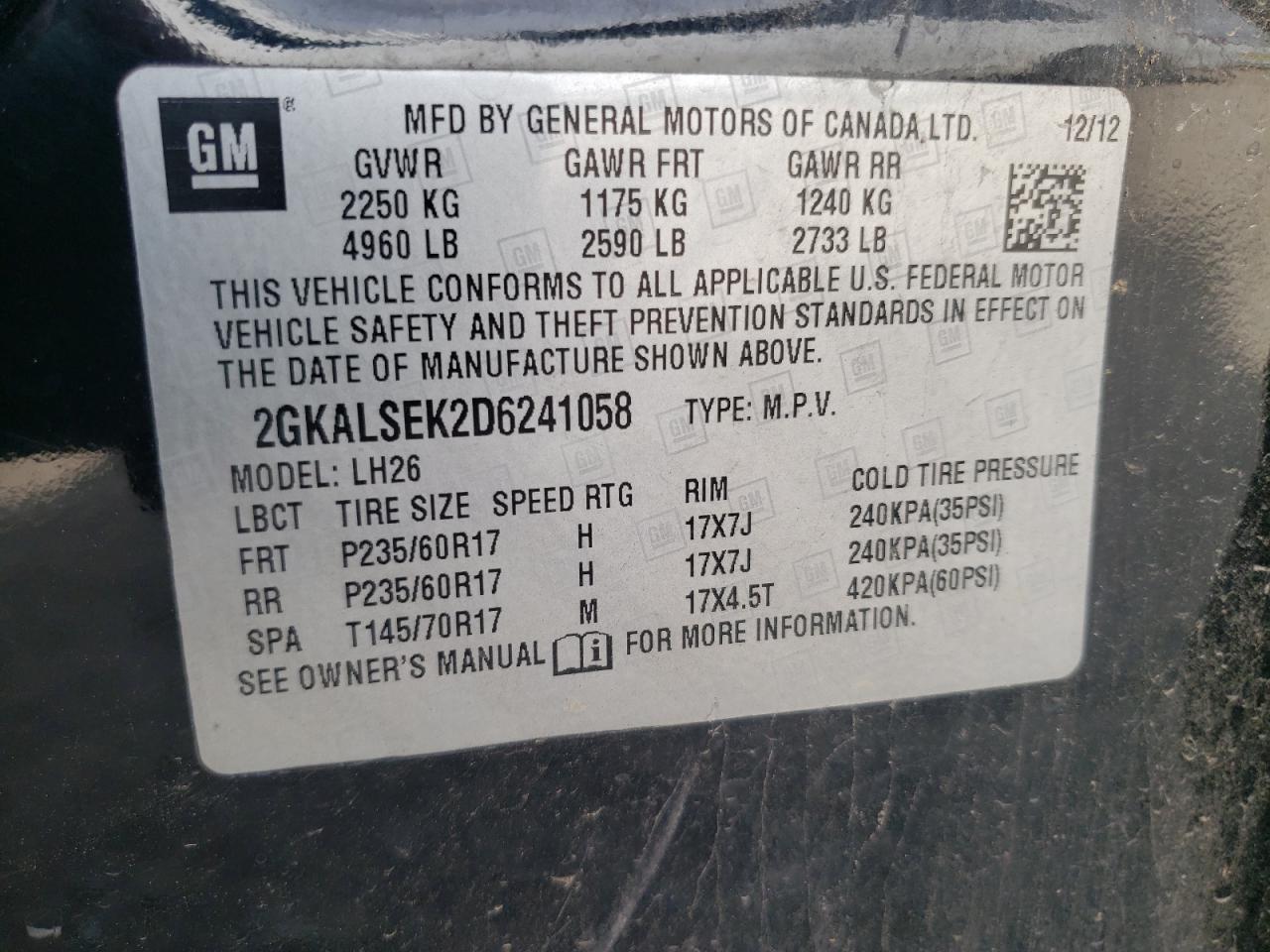 Photo 10 from auction – 2013 GMC TERRAIN SL with VIN 2GKALSEK2D6241058