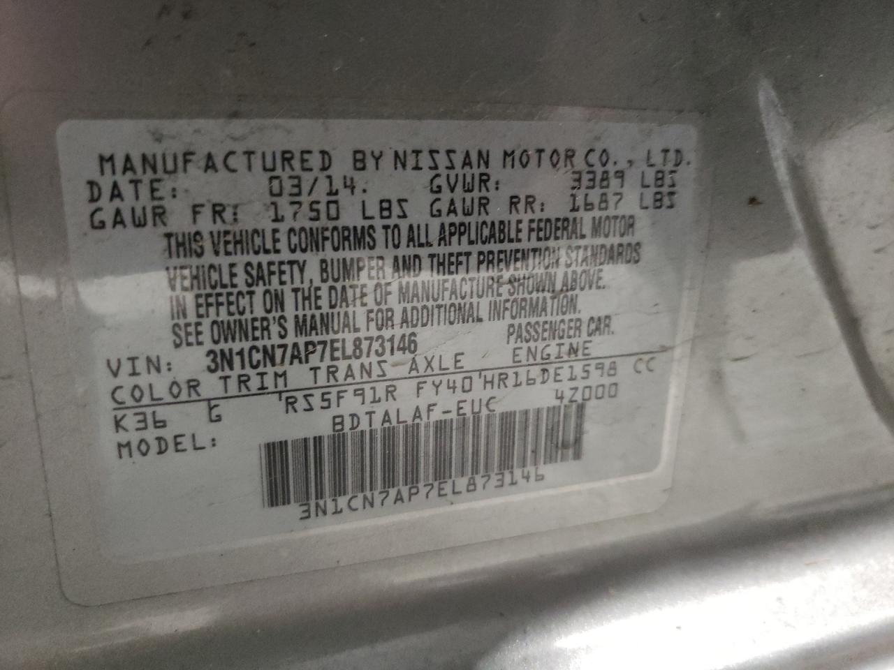Photo 10 from auction – 2014 NISSAN VERSA S with VIN 3N1CN7AP7EL873146