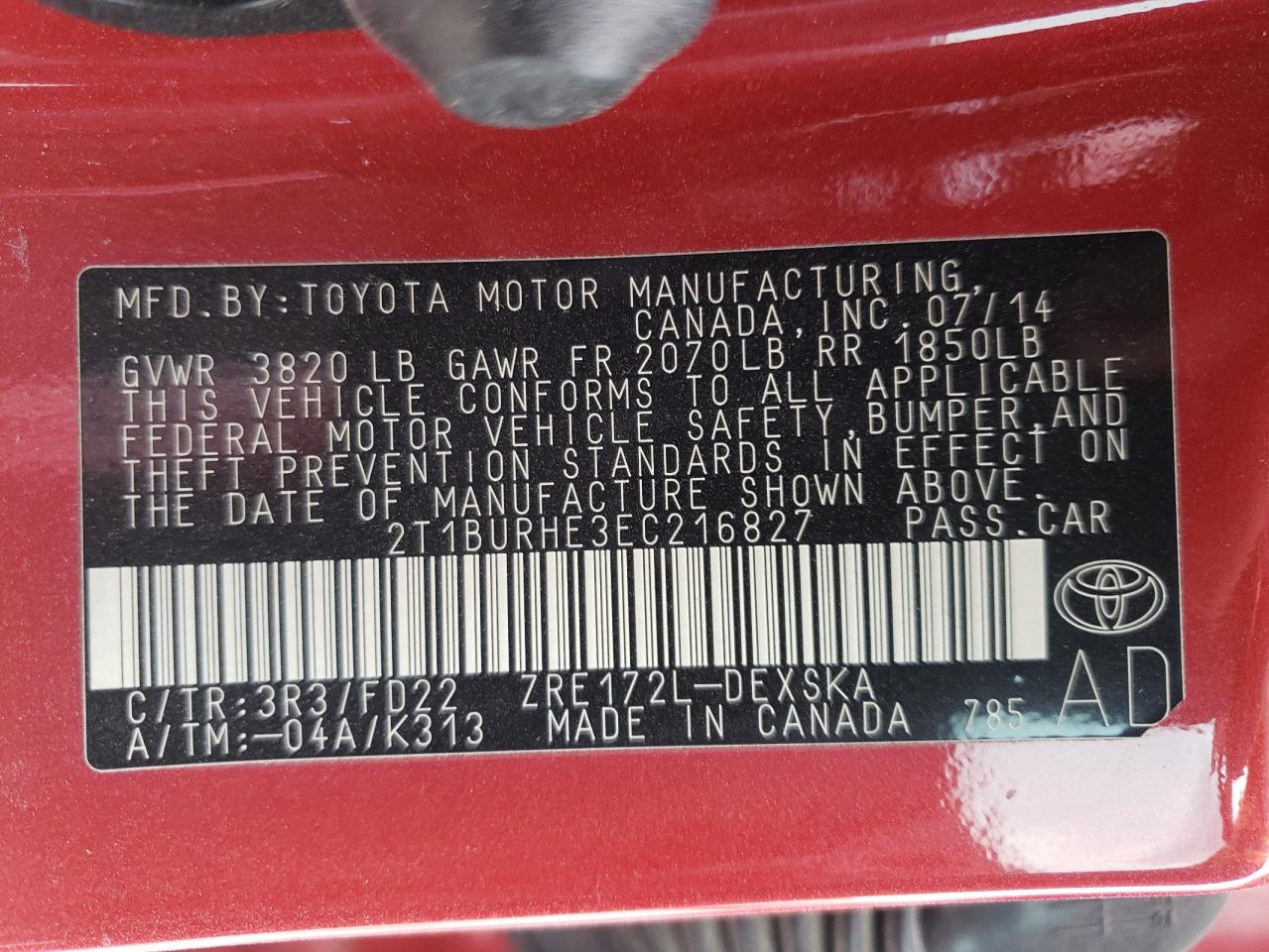Photo 10 from auction – 2014 TOYOTA COROLLA L with VIN 2T1BURHE3EC216827