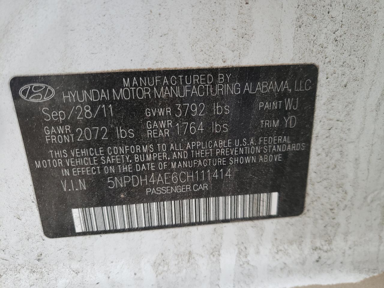 Photo 10 from auction – 2012 HYUNDAI ELANTRA GL with VIN 5NPDH4AE6CH111414