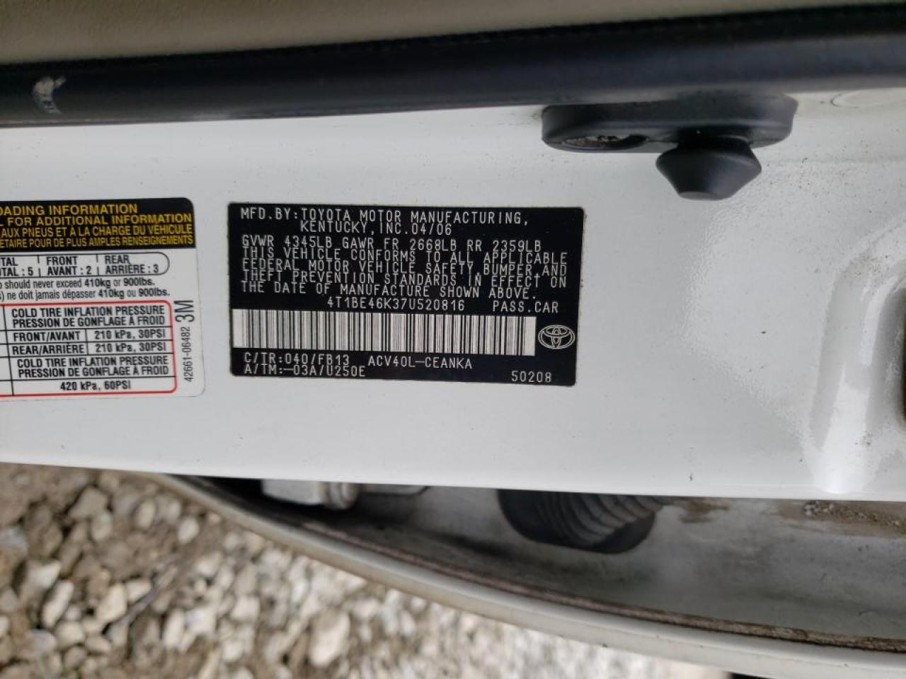 Photo 10 from auction – 2007 TOYOTA CAMRY CE with VIN 4T1BE46K37U520816