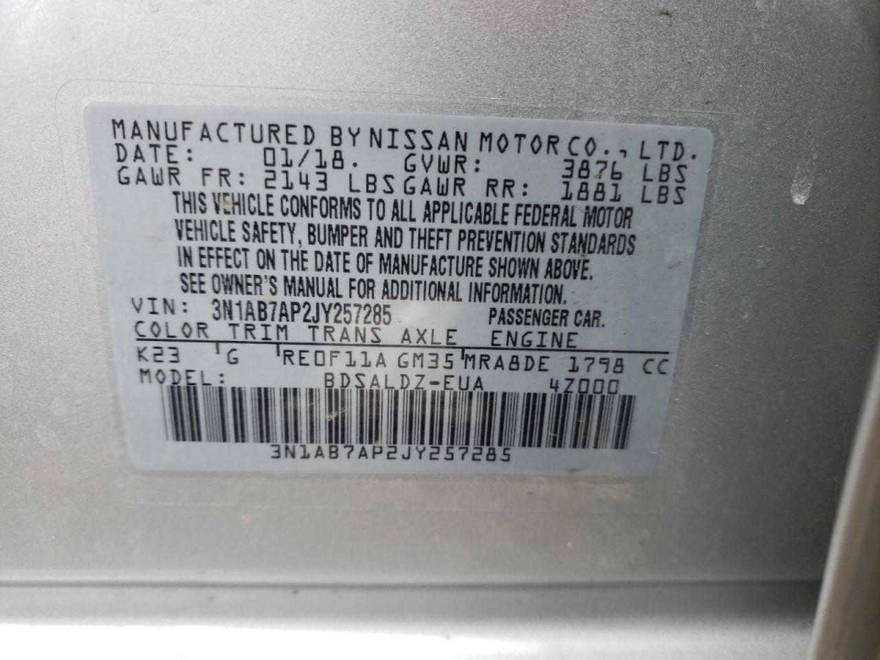 Photo 10 from auction – 2018 NISSAN SENTRA S with VIN 3N1AB7AP2JY257285