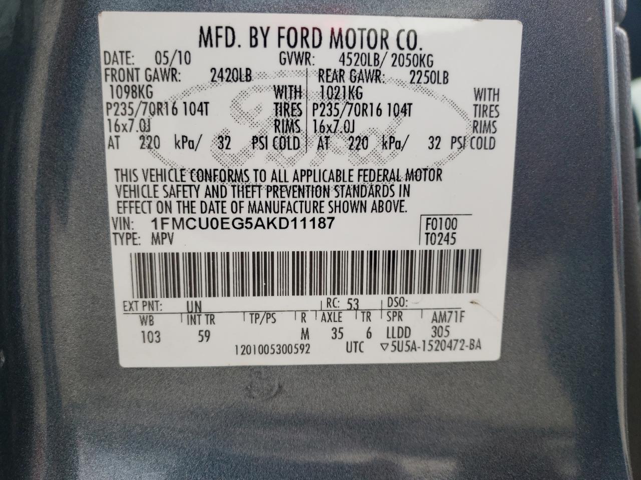 Photo 10 from auction – 2010 FORD ESCAPE LIM with VIN 1FMCU0EG5AKD11187