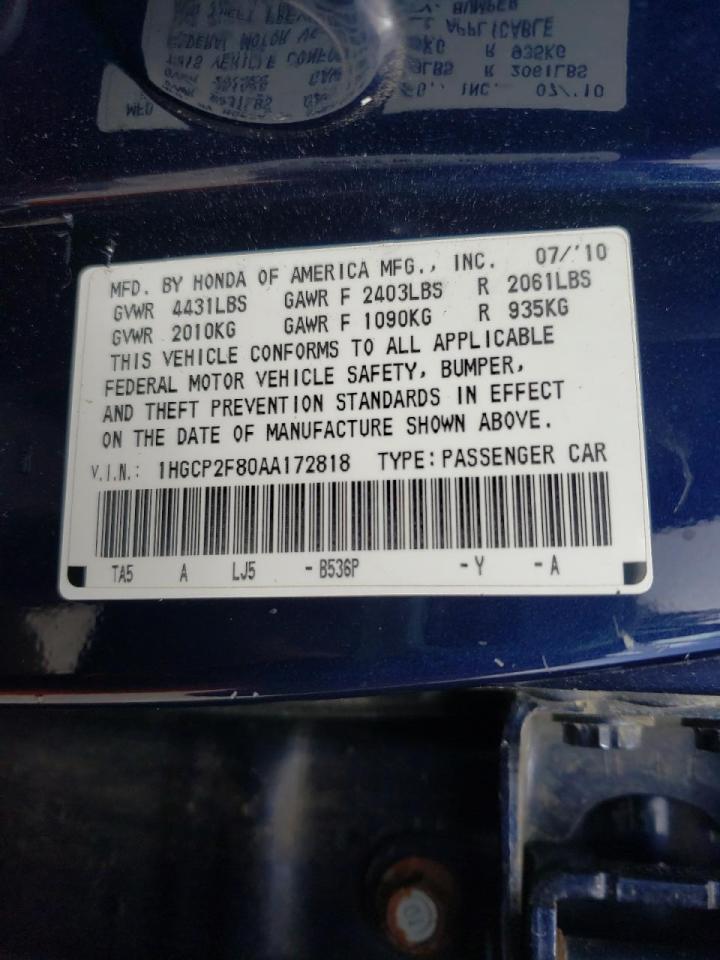 Photo 10 from auction – 2010 HONDA ACCORD EXL with VIN 1HGCP2F80AA172818
