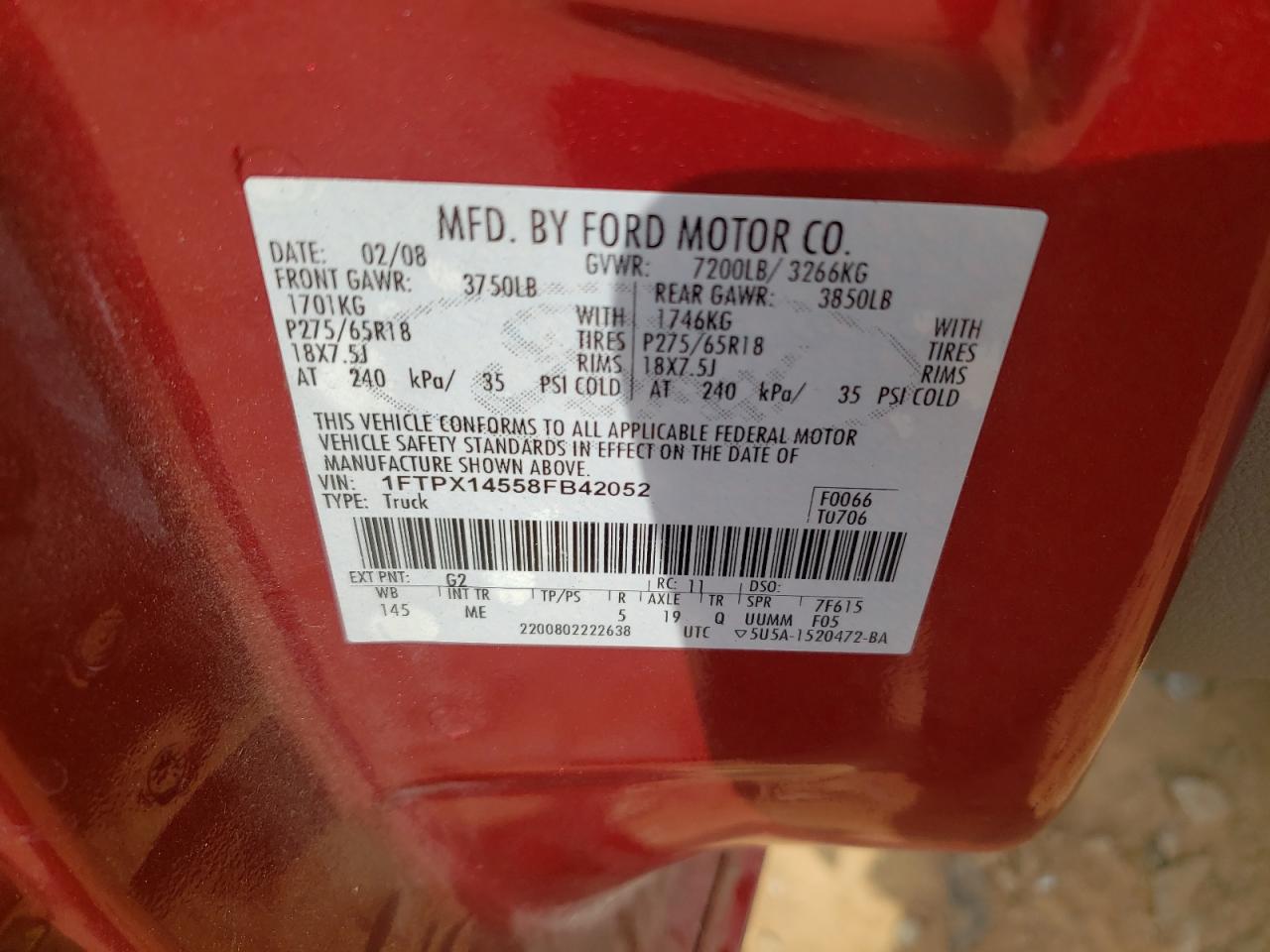 Photo 10 from auction – 2008 FORD F150 with VIN 1FTPX14558FB42052
