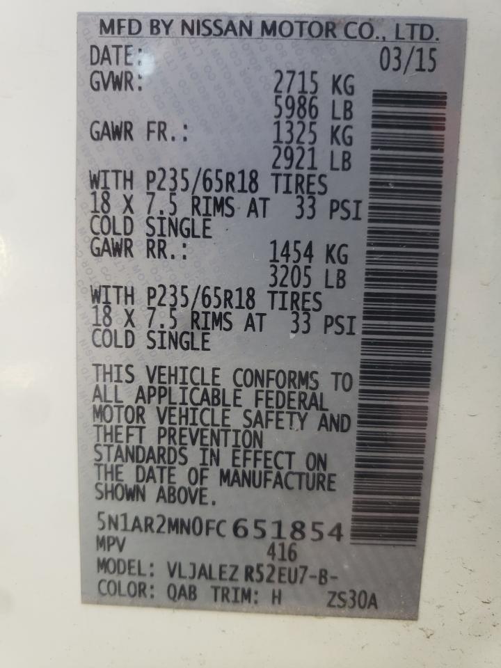 Photo 10 from auction – 2015 NISSAN PATHFINDER with VIN 5N1AR2MN0FC651854