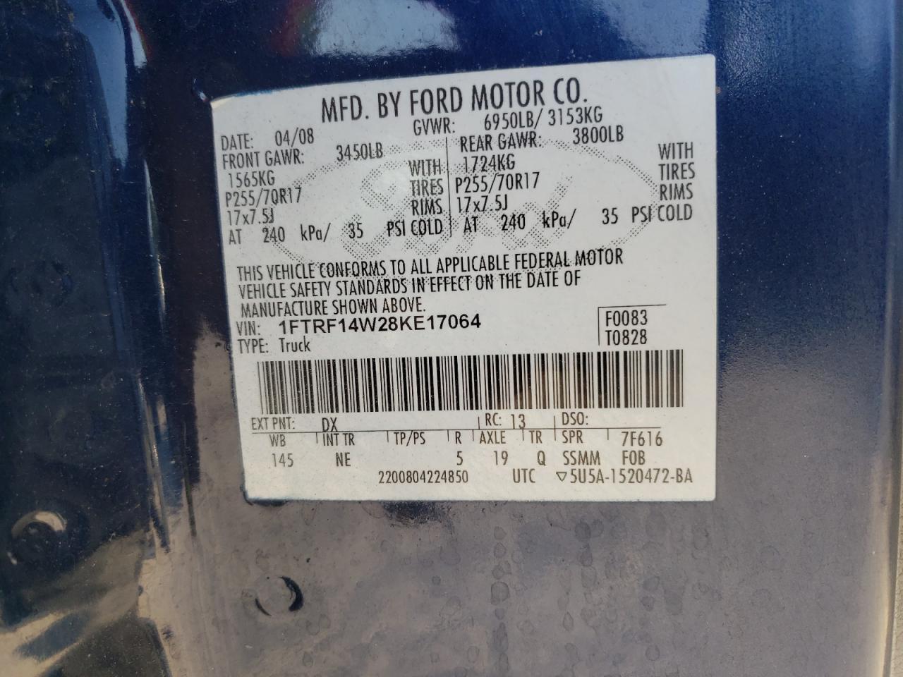 Photo 10 from auction – 2008 FORD F150 with VIN 1FTRF14W28KE17064