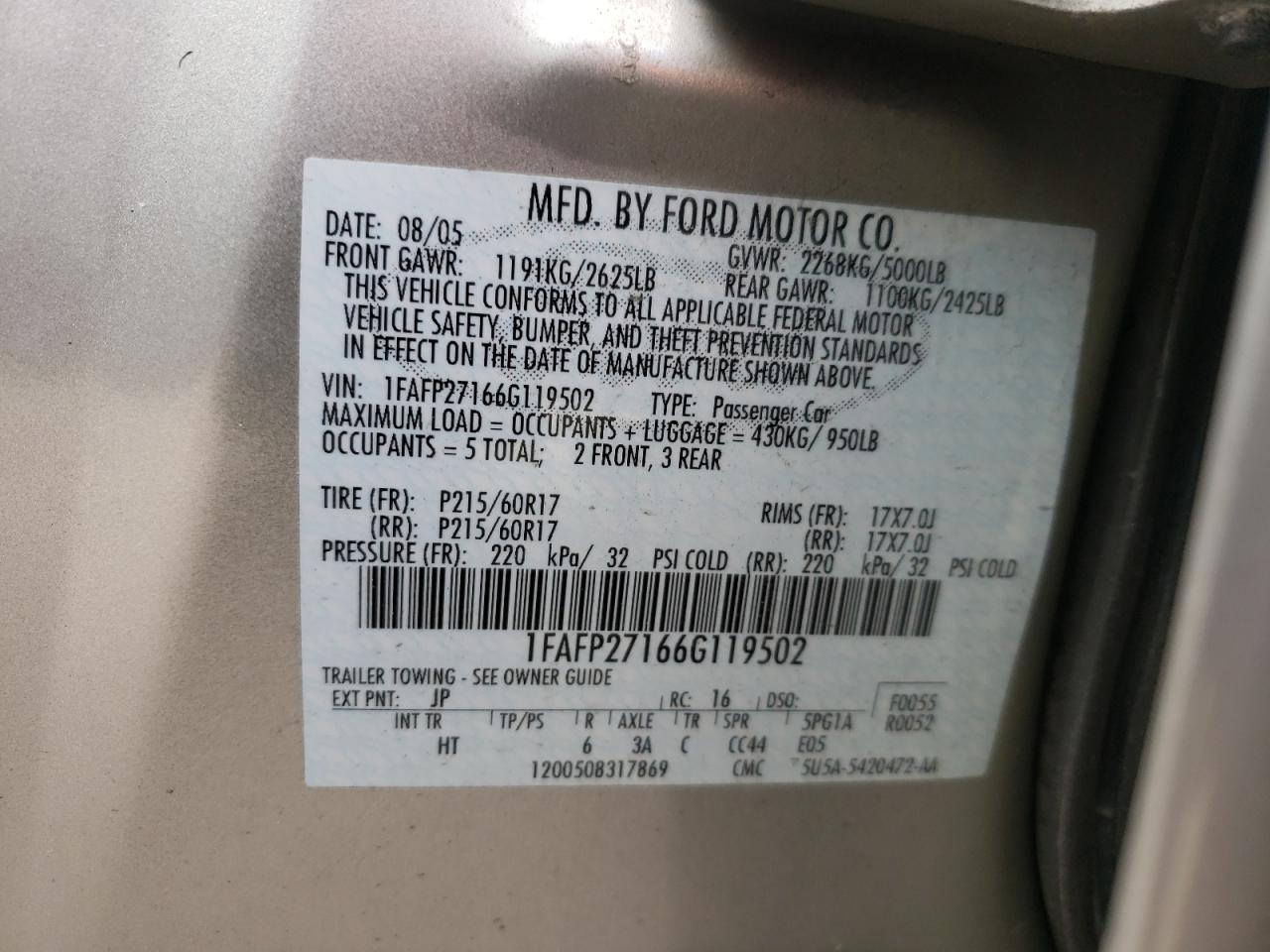 Photo 10 from auction – 2006 FORD FIVE HUNDR with VIN 1FAFP27166G119502