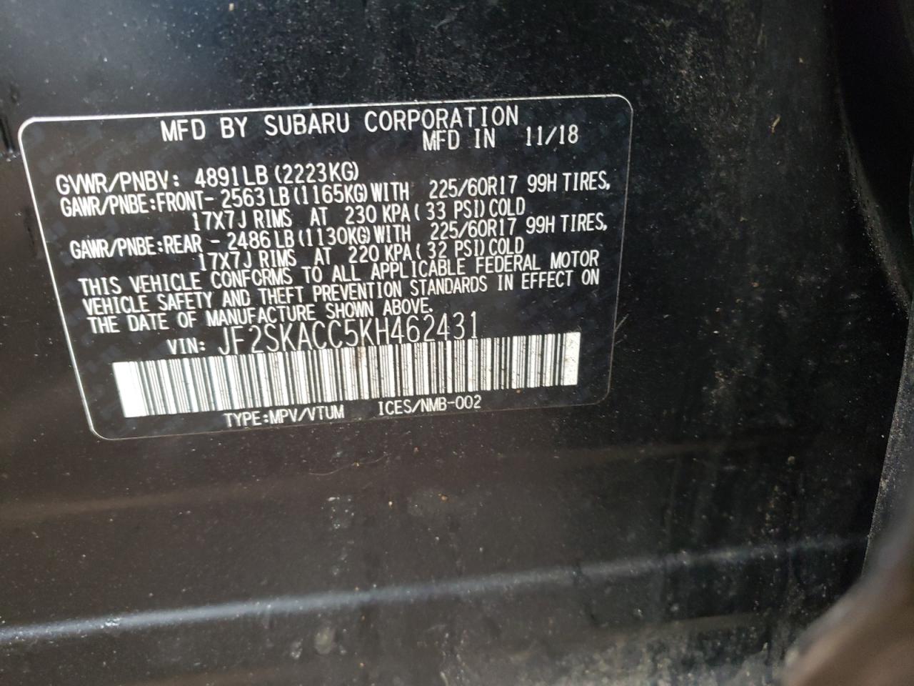 Photo 10 from auction – 2019 SUBARU FORESTER with VIN JF2SKACC5KH462431