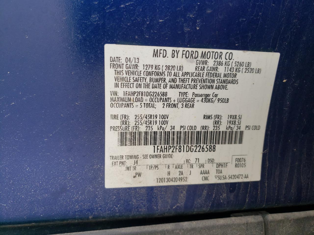 Photo 10 from auction – 2013 FORD TAURUS LIM with VIN 1FAHP2F81DG226588