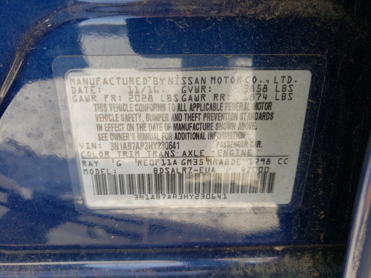 Photo 10 from auction – 2017 NISSAN SENTRA S with VIN 3N1AB7AP3HY230641
