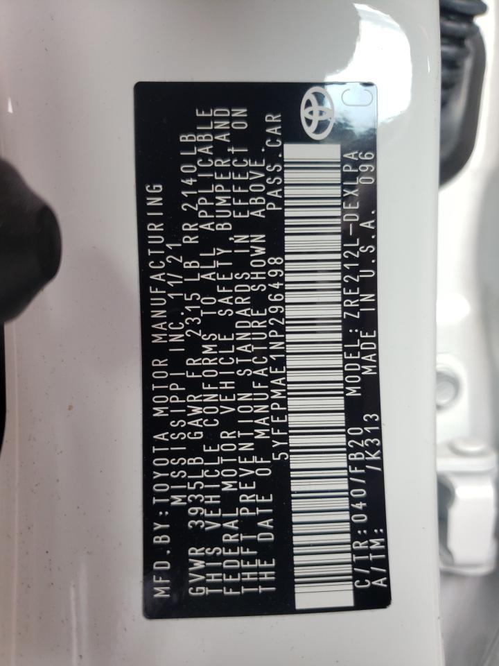 Photo 10 from auction – 2022 TOYOTA COROLLA LE with VIN 5YFEPMAE1NP296498