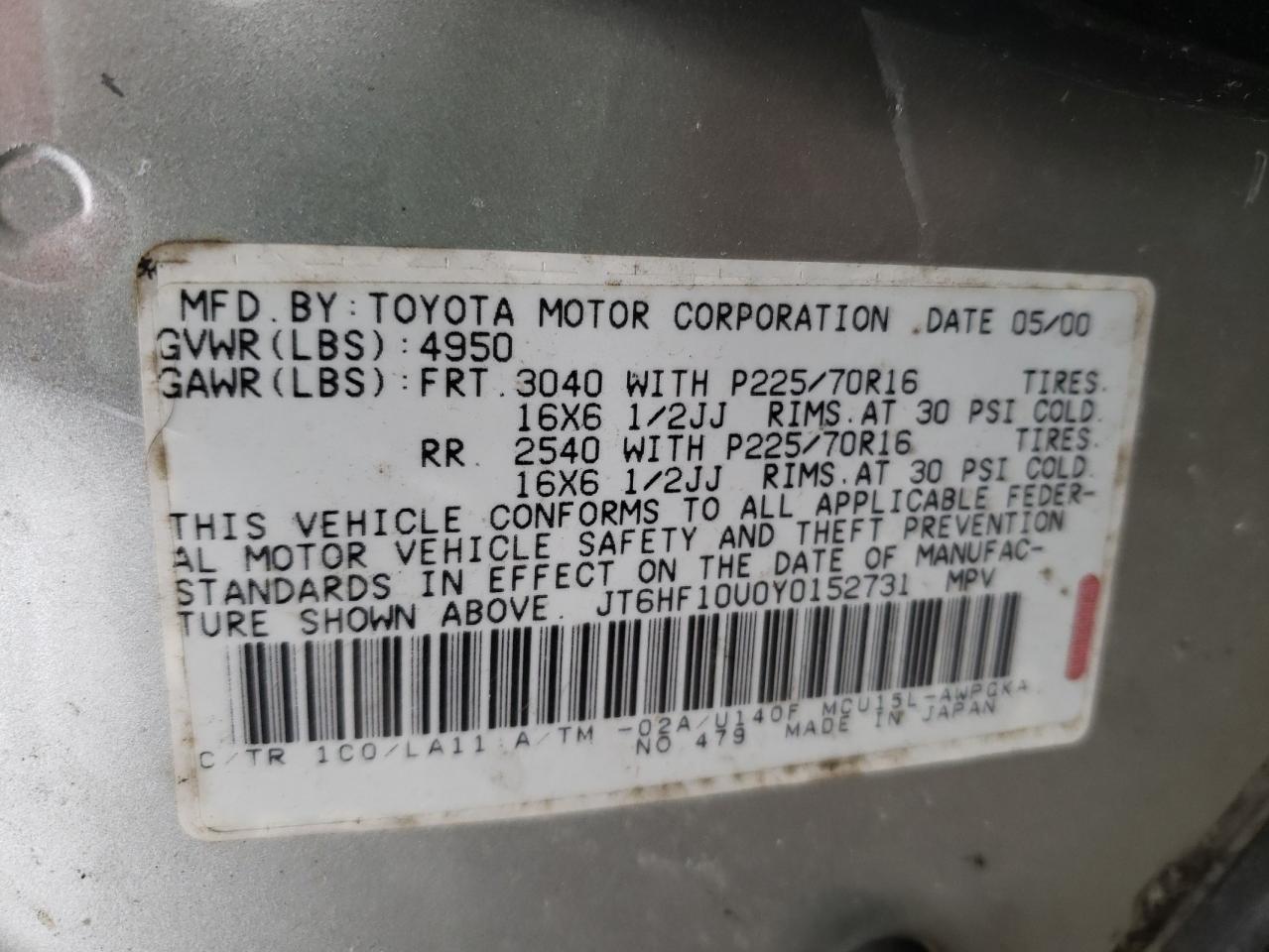 Photo 10 from auction – 2000 LEXUS RX 300 with VIN JT6HF10U0Y0152731