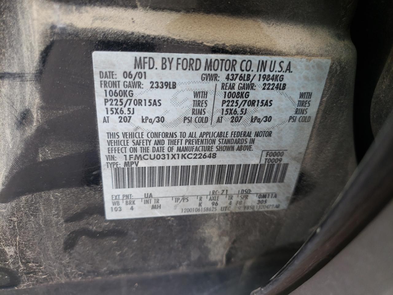 Photo 10 from auction – 2001 FORD ESCAPE with VIN 1FMCU031X1KC22648