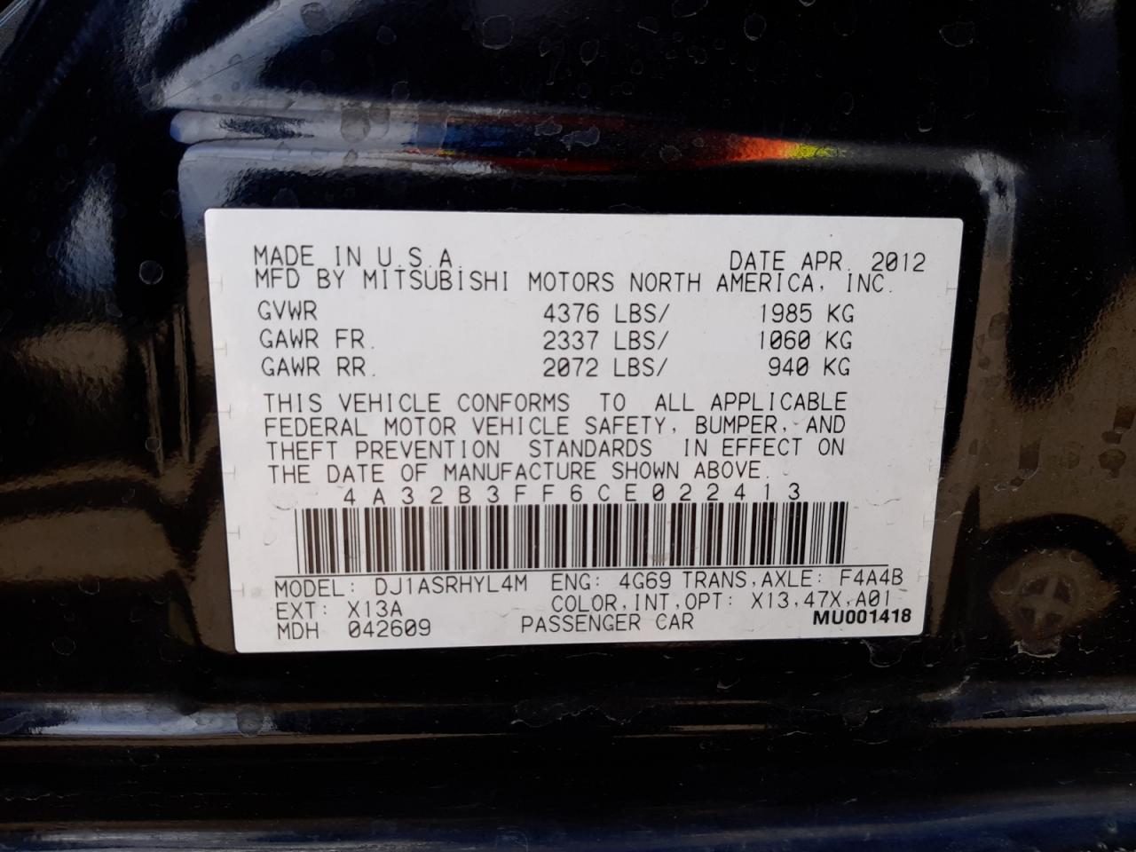 Photo 10 from auction – 2012 MITSUBISHI GALANT ES with VIN 4A32B3FF6CE022413