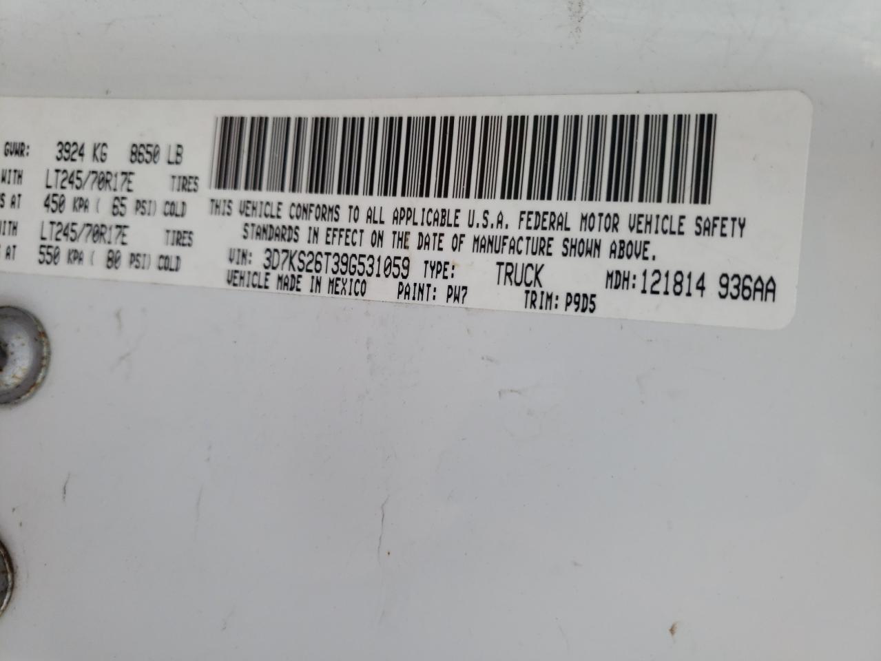 Photo 10 from auction – 2009 DODGE RAM 2500 with VIN 3D7KS26T39G531059