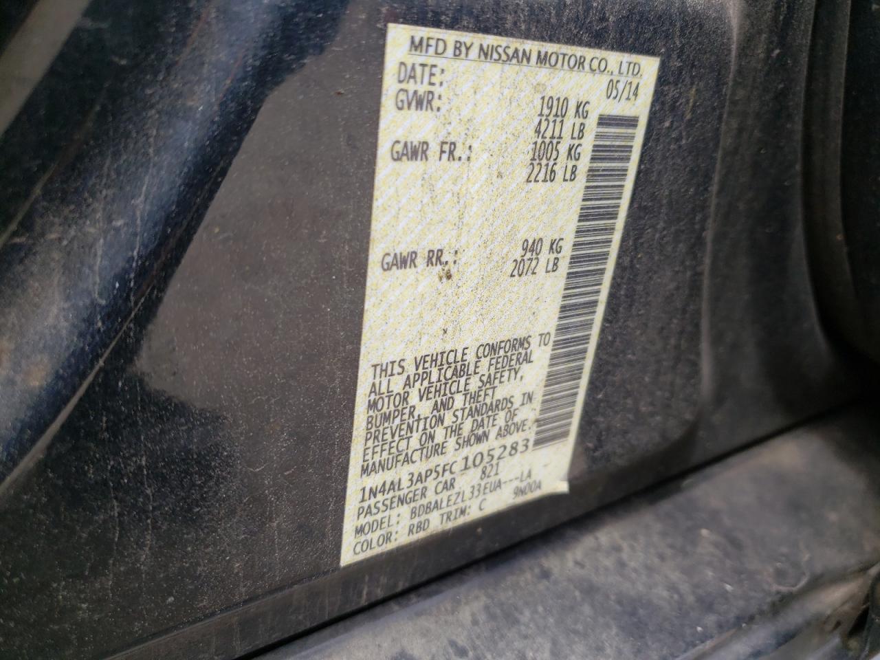 Photo 10 from auction – 2015 NISSAN ALTIMA 2.5 with VIN 1N4AL3AP5FC105283