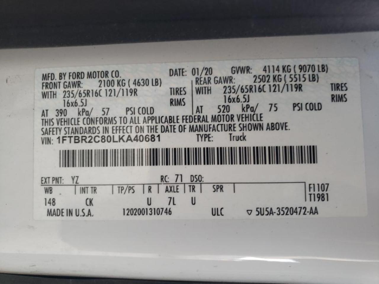 Photo 10 from auction – 2020 FORD TRANSIT T- with VIN 1FTBR2C80LKA40681