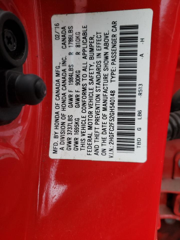 Photo 10 from auction – 2016 HONDA CIVIC LX with VIN 2HGFC2F52GH540148